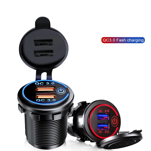 12V/24V USB Hurtiglader Socket Quick Charge 3.0 Billader Dobbel USB Socket Billader Berøringsbryter Elektronisk lighter