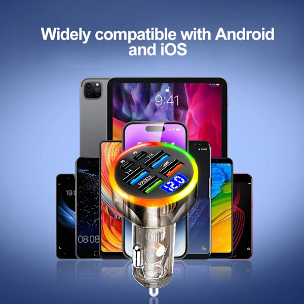 200W Bil Laddare QC3.0 Typ-C Snabbladdning Transparent Fodral PD för IPhone 15 14 13 12 Xiaomi Poco Samsung Snabbladdare Laddning 2 Port Volt display