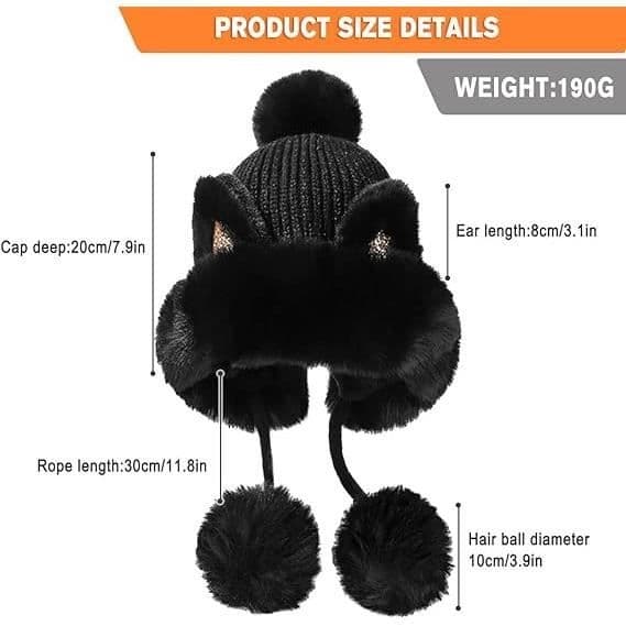 Vinter Peruvian hue til kvinder med sort pelskvast - Varm og komfortabel - One Size Black