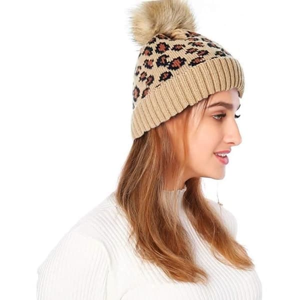 Pompom-mössa för dam - Leopardtryck - Varm stickad ull - Skidaccessoar - Akrylfiber Brown