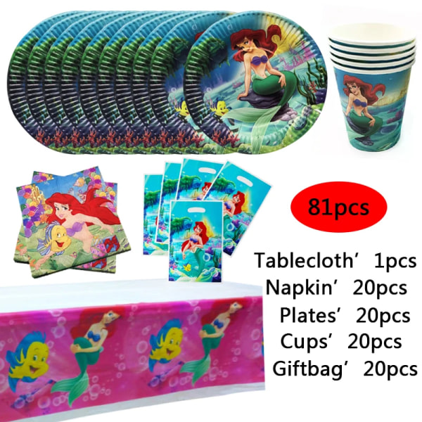 Sjöjungfru Ariel Festdekorationer Diseny Prinsessan Festtillbehör Presentpåsar För flickor Sjöjungfru Födelsedag Engångsserviskit Set-C