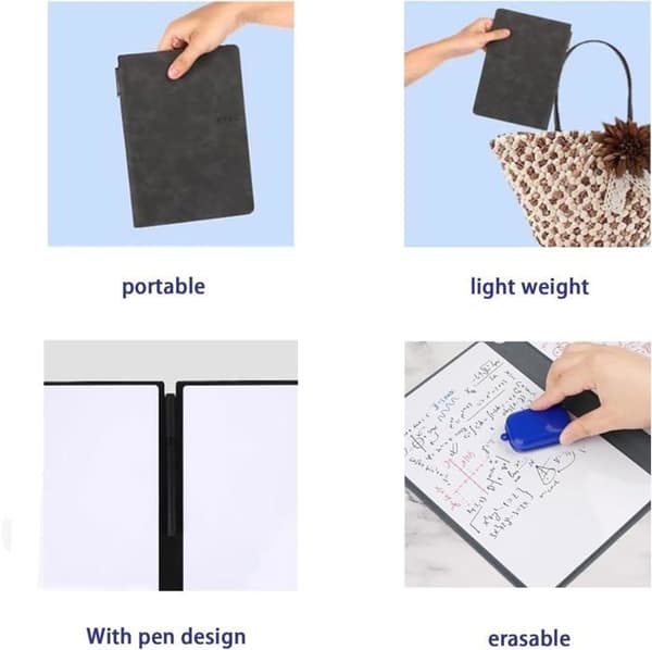 (Sort) Lille A5 sletbar whiteboard, A5 sletbar notesbog, bærbar sletbar tavle, genanvendelig sletbar notesbog, med 1 pen, til Black