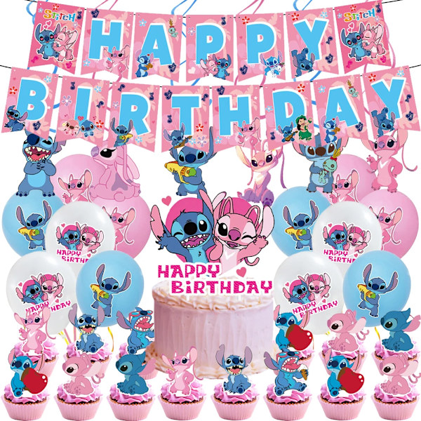 Rosa Lilo & Stitch Barn Födelsedagsfest Tillbehör Tak Spiral Tårta Dekoration Engångsservis Grattis på födelsedagen Bannerballong Round-9