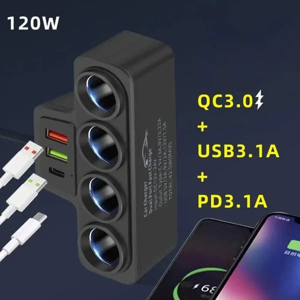 120W 4-i-1 3 USB Billader Hurtigladeplugg Adapter Splitter 12V 24V Hurtigladeplugg