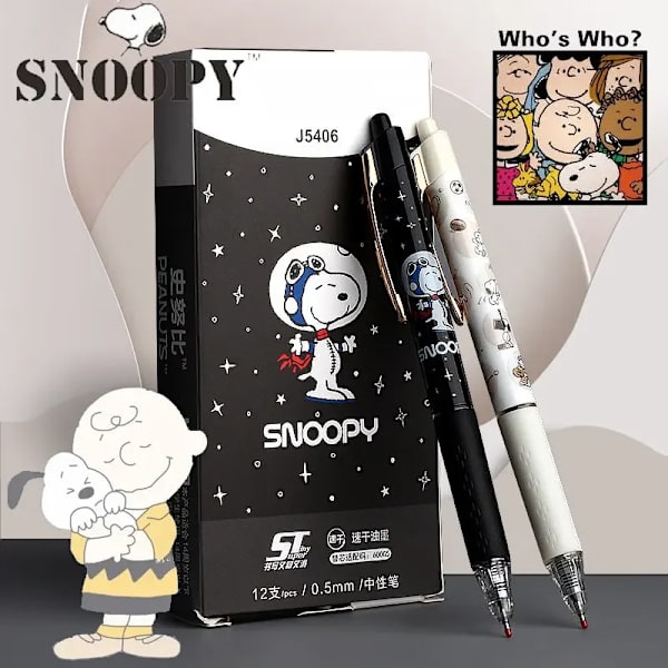 1 låda 0,5 mm Snoopy Press Gel Penna Skrivpenna Signatur Svart Bläck Kontor Skola Brevpapper Tecknad Söt Gratis Frakt Present Snoopy 12pcs