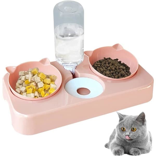 3-i-1 Lutande Kattskål, Automatisk Vattendispenser, Nackskydd
