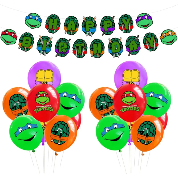 Nya Teenage Mutant Ninja Turtles-tema Födelsedagsfesttillbehör TMNT Anime Barnens dag Halloween Flagga Dra Ballongset Set Pull the flag