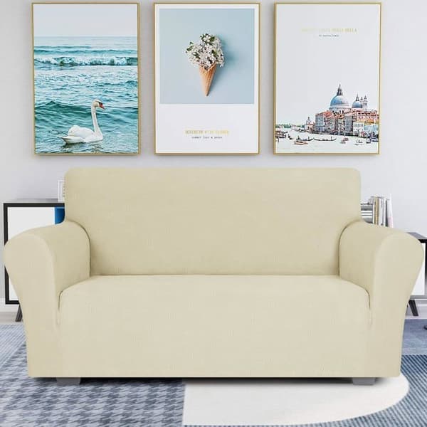 Stretch Fåtöljöverdrag, 2-sits Sofföverdrag med Armstöd, Hundsoffskydd, Vintersofföverdrag, Beige