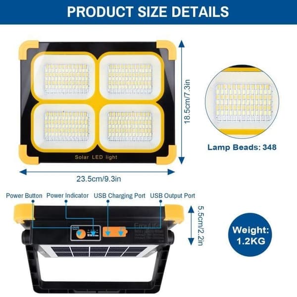 Oppladbar LED Flomlys - YANSION - 80W - 348 LED-er - Solcellepanel - 4 Lysmoduser