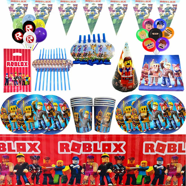 Roblox Festtillbehör Ballonger Papperskopp Tallrik Engångsservis Set Barn Roblox Födelsedagsfest Dekoration Roblox Spelfest Robot Blocks-107pcs
