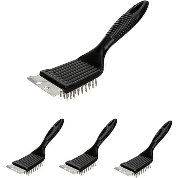 Grillbørste, 4 stk. Grillrensebørste med spatel i rustfrit stål, sort