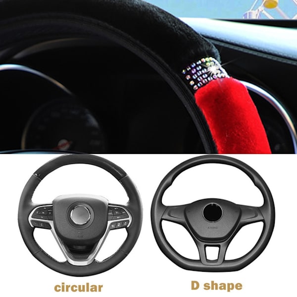 (Svart Röd) Universal 37-38cm Diameter Mjuk plysch Rhinestone Cover Interiörtillbehör Styrskydd Bilstyling Black Red