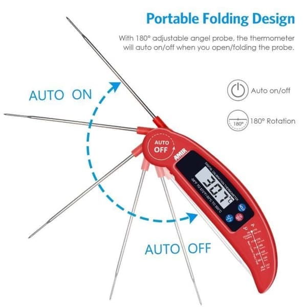 Køkkentermometer, Madtermometer LCD Digital Probe, Hurtig & Auto On/Off - Rød