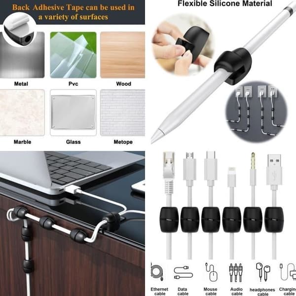 (Sort) Opladerkabel Organizer - Kabelclips - Silikone - Selvklæbende - Sort - 6 Stk Black
