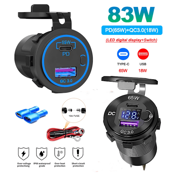 12V/24V USB C-billaddare 83W Snabbladdning 65W PD3.0 & 18W QC3.0 LED Digital Display & Strömbrytare för Bil RV ATV Motorcykel Blue wire