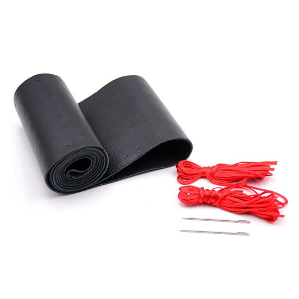 (Slät svart röd) Äkta läder fläta cover med nålar tråd Bil kohud flätning för 38 CM 15 tums ratt Smooth Black Red
