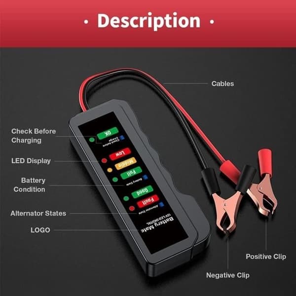 Batteritestare - Bil - 12V - 6 lysdioder - Portabel - Generatoranalysator