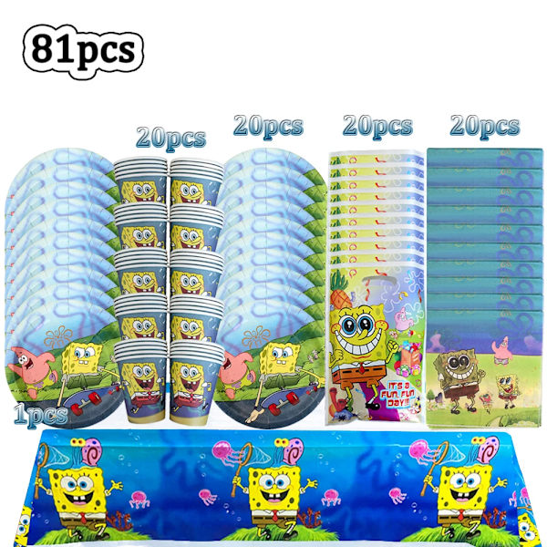 Tecknad Sponge-Bob Barn Faovrs Födelsedagsfest Tillbehör Servis Set Fest Dekoration Kopp Tallrik Ballong Baby Shower Bakgrund BPLZZ-81PCS