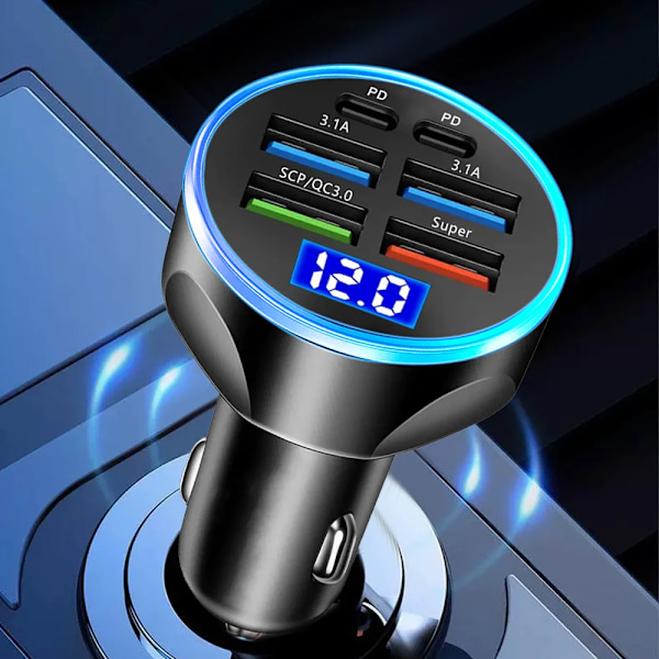 100W 6-ports billaddare för bil Snabbladdning PD QC3.0 USB C Billaddare Typ C Adapter i bil För iPhone Samsung Huawei Xiaomi 5 Port Volt display