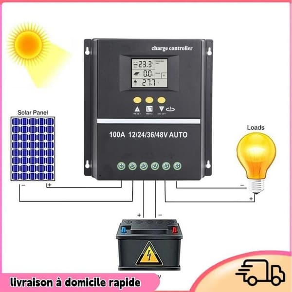 MPPT 100A Solcellecontroller, LCD-display, sikkerhedsspænding, kompatibel med GEL, oversvømmede og solcellebatterier