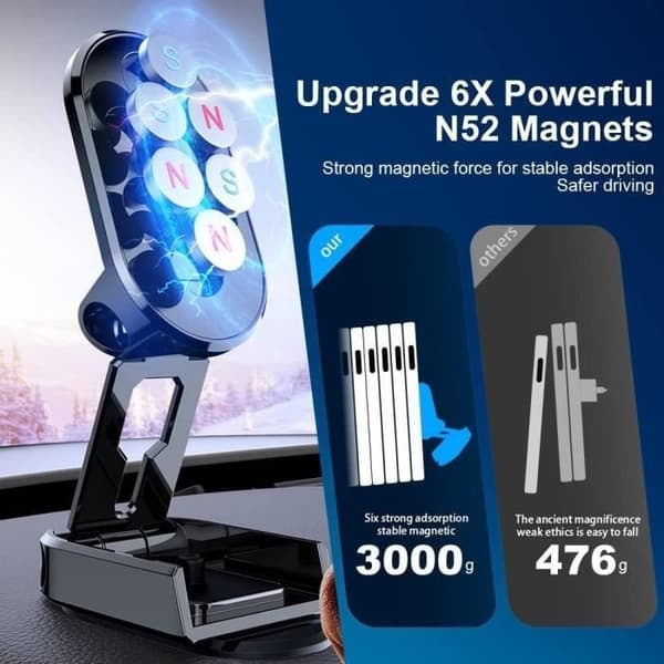 (Sølv) Magnetisk Biltelefonholder - Universal - 360° Foldbar - Sølv - Sort Money