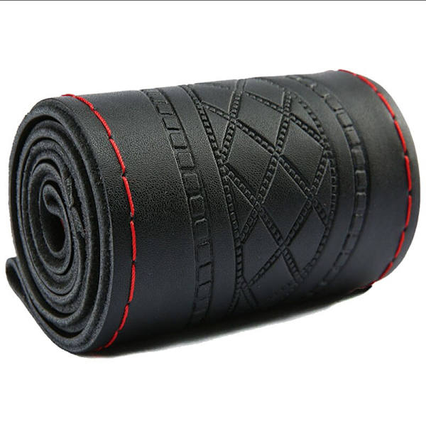 (Svart röd tråd) Cover Anti-halkprägling Läder Bilstylingtillbehör Universal Braid Case passform bil suv diameter 37/38cm Black red thread