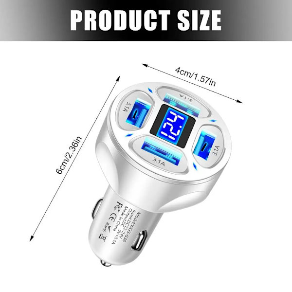 USB-billadapter för bil 4 USB-portar Utmärkt flamskyddsladdare Intelligent kontrollchip Snabbladdningsbilladapter WHITE