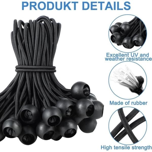 50 elastiske snore med kugle, presennings elastiske snore, elastisk snor, elastisk reb, sorte strækspænder med plastik kugle