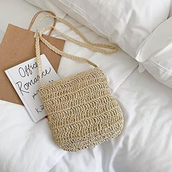 Beige Väskor i Halm för Kvinnor, Sommar Strandväskor i Halm med Tofs Mini Handväskor i Halm med Dragkedja beige