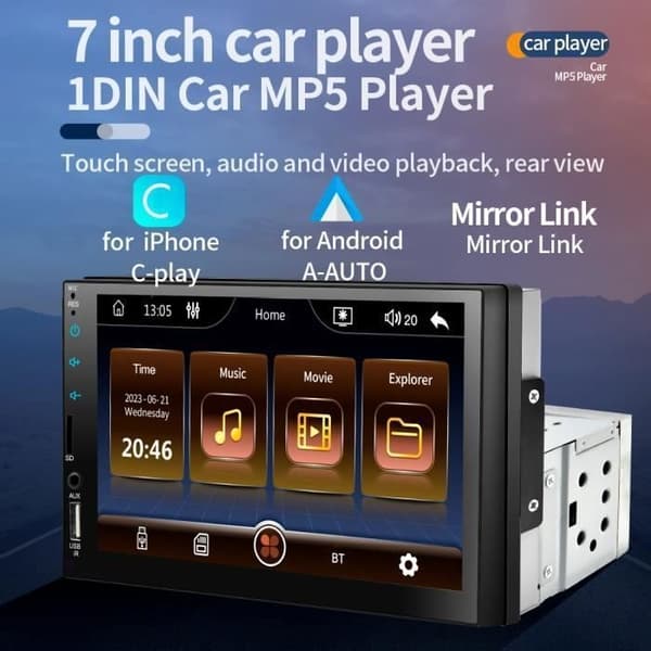 7\" Bilradio - PRUMYA - Android Carplay Multimedieafspiller - HD Touchscreen - Bluetooth 2.0 - Double-Din