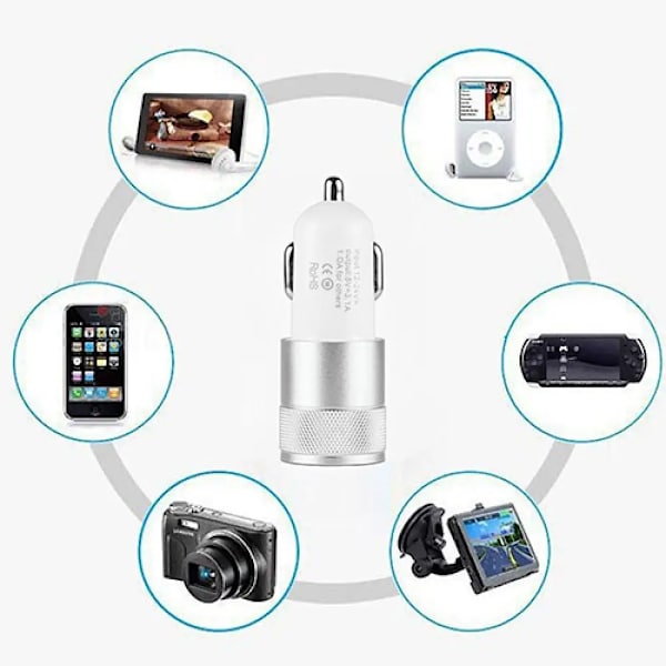 Billadapter för bil med dubbla USB-portar, 2 portar, för iPod/iPhone 4 5 5C 5S/Samsung/HTC Grey