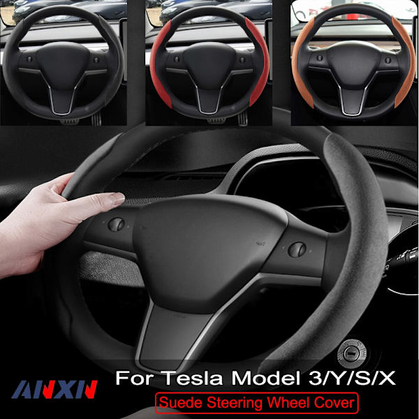 (GRÅ)Alcantara Mocka Cover För Tesla Model 3 YSX Svart Röd Anti-päls Passform OD Form Rund Form Enkel Installation 4 Seasons GRAY