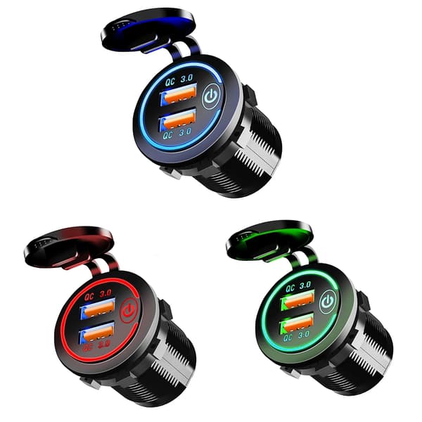 12V/24V USB Hurtiglader Socket Quick Charge 3.0 Billader Dobbel USB Socket Billader Berøringsbryter Elektronisk lighter