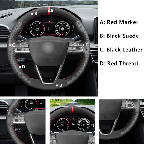 (Röd markörtråd) Svart mocka bilrattkåpor till Seat Leon 5F Mk3 2013-2020 Ibiza 6J Tarraco Arona Ateca Alhambra Red Marker Thread