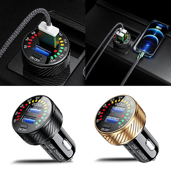 Billadapter för bil med dubbla QC 3.0 USB-portar, 18 W snabbladdning, LED-voltmeter med ON/OFF-knapp, 12 V-24 V, vattentät Silver