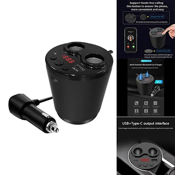 G63 Bil Bluetooth 5.0 FM-sändare PD Typ C USB-laddare Musik MP3-spelare TF-kort Handsfree Black A