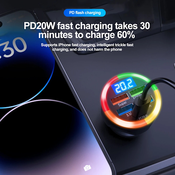 200W Bil Laddare QC3.0 Typ-C Snabbladdning Transparent Fodral PD för IPhone 15 14 13 12 Xiaomi Poco Samsung Snabbladdare Laddning 4 Port Volt display