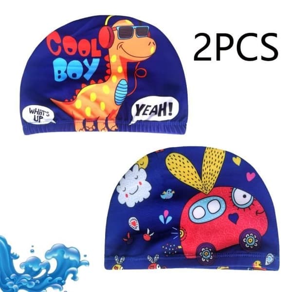 Badmössa för barn, 2-pack, Badmössor för barn, Poolhattar med tecknat tryck, för kort hår