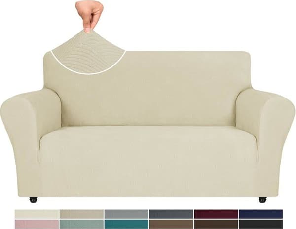 Stretch Fåtöljöverdrag, 2-sits Sofföverdrag med Armstöd, Hundsoffskydd, Vintersofföverdrag, Beige