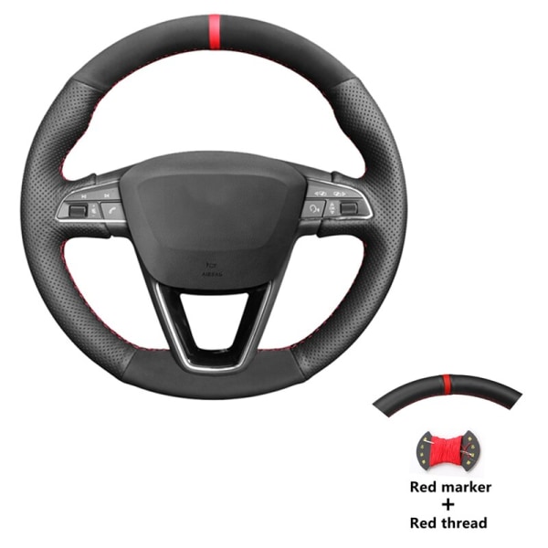 (Röd markörtråd) Svart mocka bilrattkåpor till Seat Leon 5F Mk3 2013-2020 Ibiza 6J Tarraco Arona Ateca Alhambra Red Marker Thread
