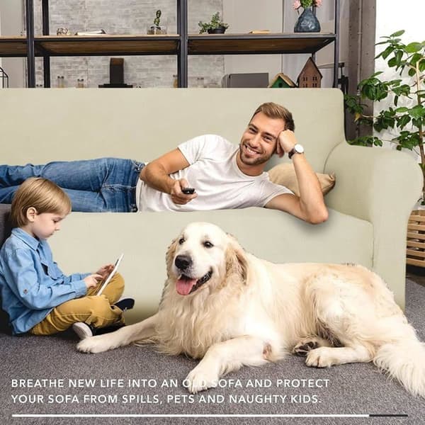 Stretch Fåtöljöverdrag, 2-sits Sofföverdrag med Armstöd, Hundsoffskydd, Vintersofföverdrag, Beige
