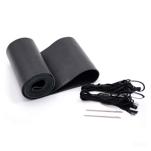 (Slät svart) Äkta läder fläta cover med nålar tråd Bil kohud flätning för 38 CM 15 tums ratt Smooth Black