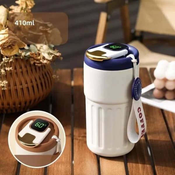 (Vit, Röd, Kaffe, Blå, Silver) Kaffetermosmugg - Vit - 316 Rostfritt Stål - Smart Temperaturdisplay - 410ml - Läcksäker White, Red, Coffee, Blue, Silver
