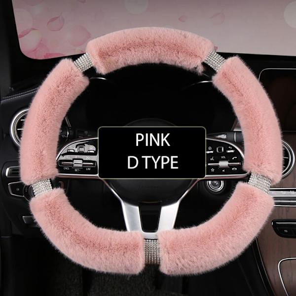 (rosa-D-form)Karcle Fluffy Cover med Bling Rhinestones Diamantpäls Furry Car Styrskydd Universal 38cm För Kvinnor Tjej pink-D shape