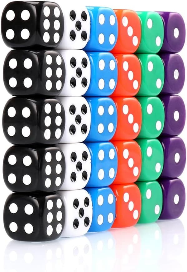 30 Terninger 6-Sided 16mm 6 Farver Spot Terning Sæt til Terningspil