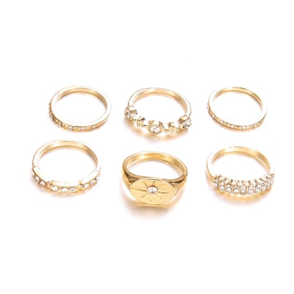 6-pack Boho guldringar - glittrande strass och olika mönster i guld