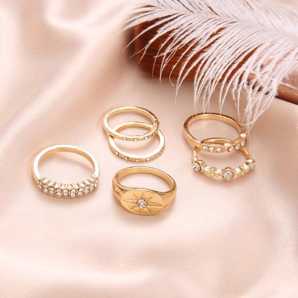 6-pack Boho guldringar - glittrande strass och olika mönster i guld