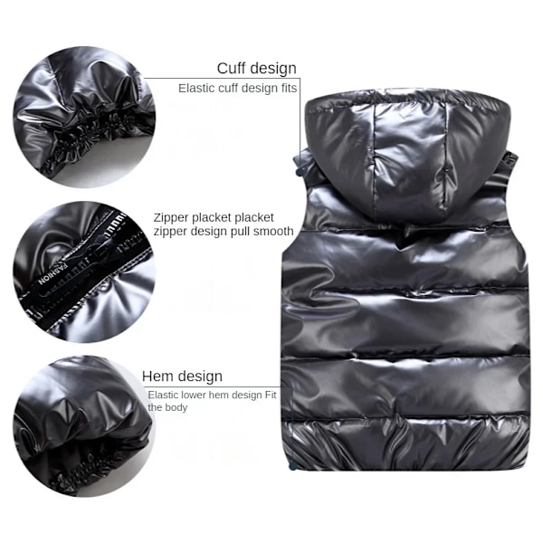 Vinterväst för män med huva, vadderad, glansig ärmlös jacka, avslappnade ytterkläder, tjock varm kappa, vattentät väst, herrkläder 4XL Black L 150cm