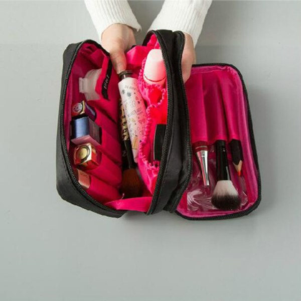 Makeup Taske Dobbelt Lynlås Lukning Sort Indvendig Pink Rum
