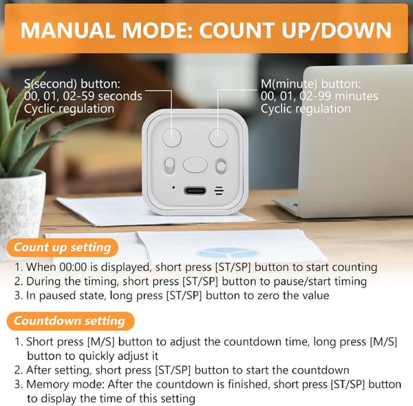 Kube Timer, Roterende Pomodoro Timer, 5/10/30/60 Minutter og Egendefinert Nedtelling, Digital Timer med Vibrasjon white